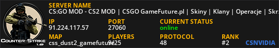 CS:GO MOD - CS2 MOD | CSGO GameFuture.pl | Skiny | Klany | Operacje | Skrzynie | Klucze | Rangi | Leczenie | Jackpot | FREE VIP | VIP/SVIP | StatTrak | Eventy